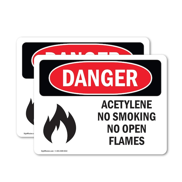 Signmission Acetylene No Smoking No Open Flames Danger Sign, Vinyl Decal, 10in W x 7in L, 2PK OS-2PACK-DS-D-710-L-1015 - main